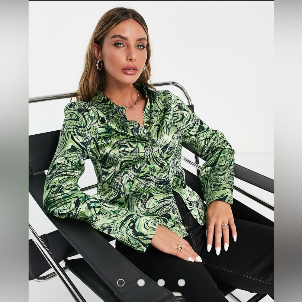 Topshop Swirl Print Green Satin Shirt Cuffed Slim Whimsy Cottage Preppy Sz 6